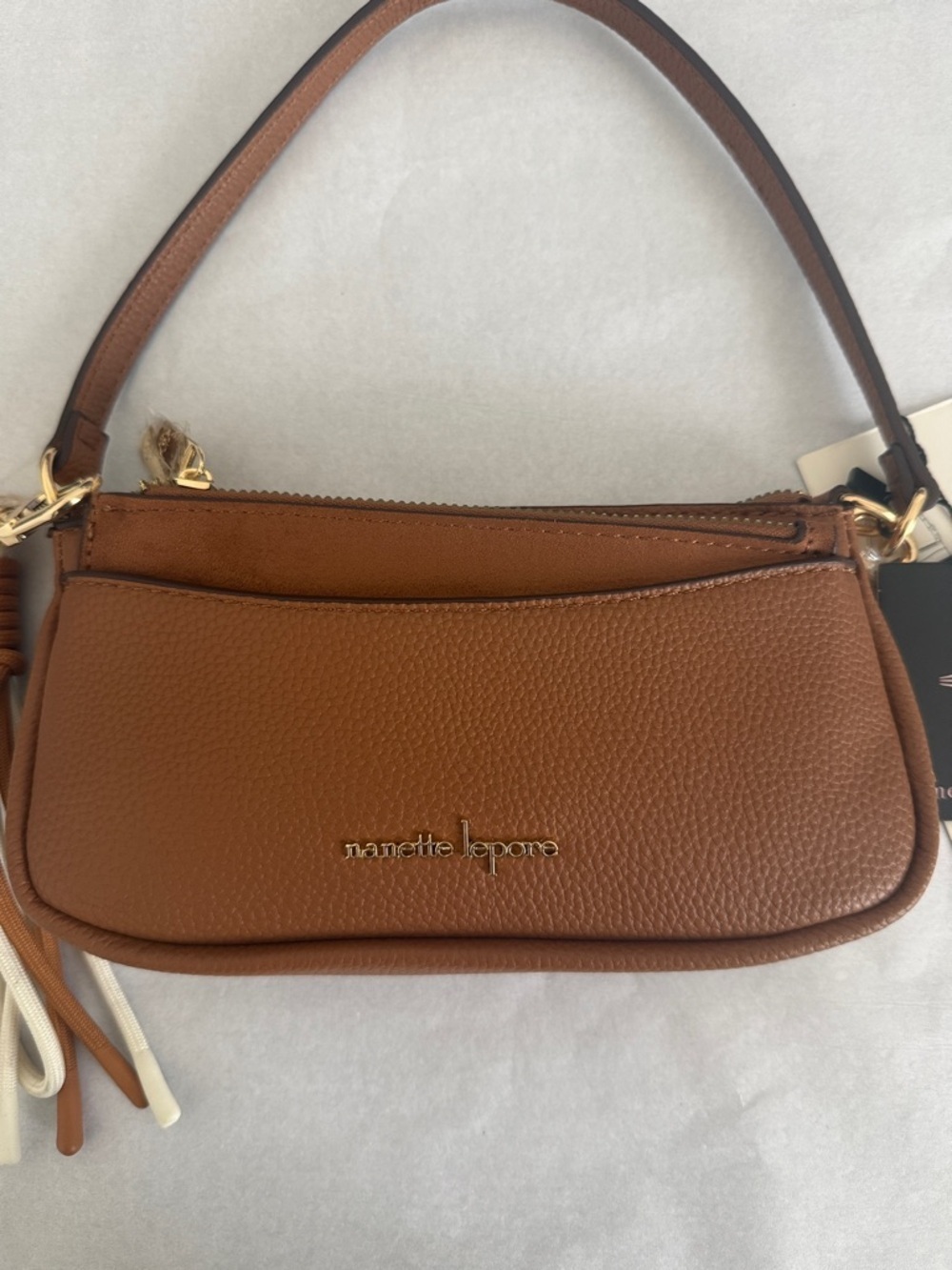 Nanette Lepore Cognac Pebble Leather Mini Shoulder Bag with Tassel - Picture 3 of 12
